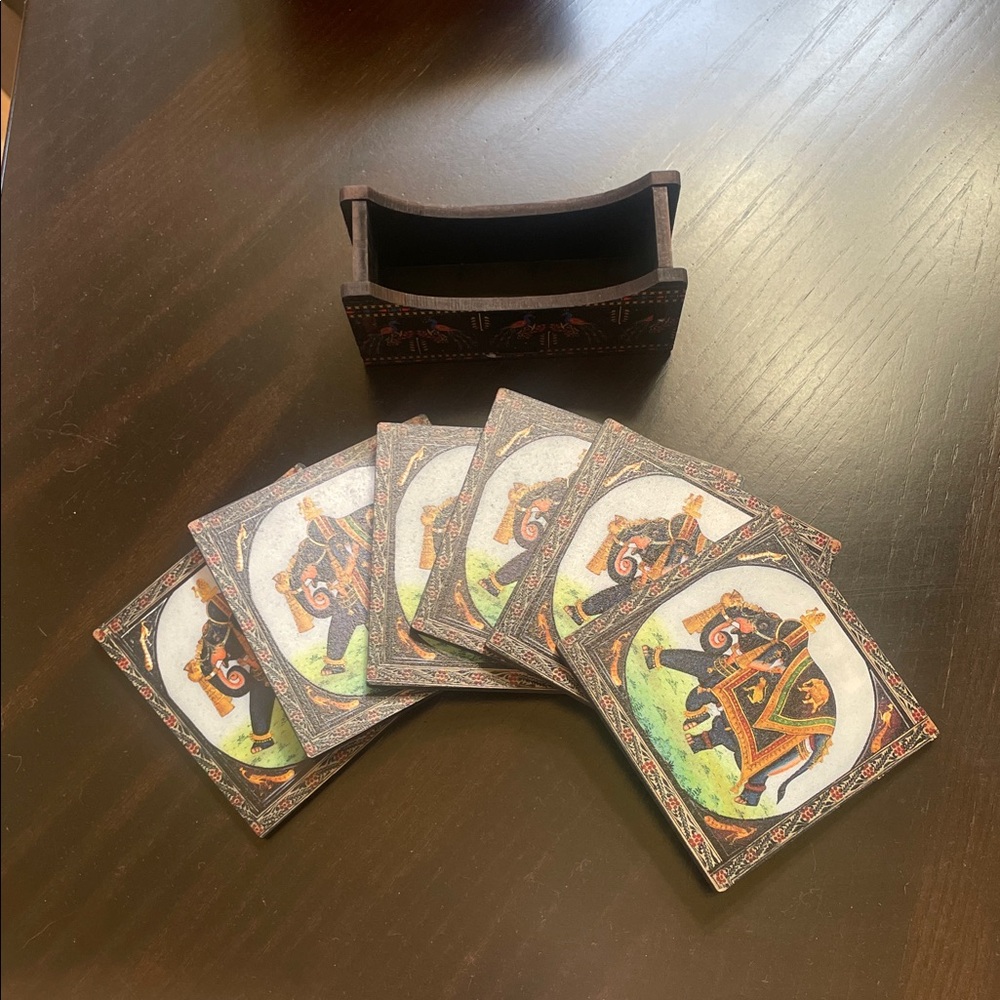 Handcrafted Elephant Design Coasters in Holder (Set of 6)